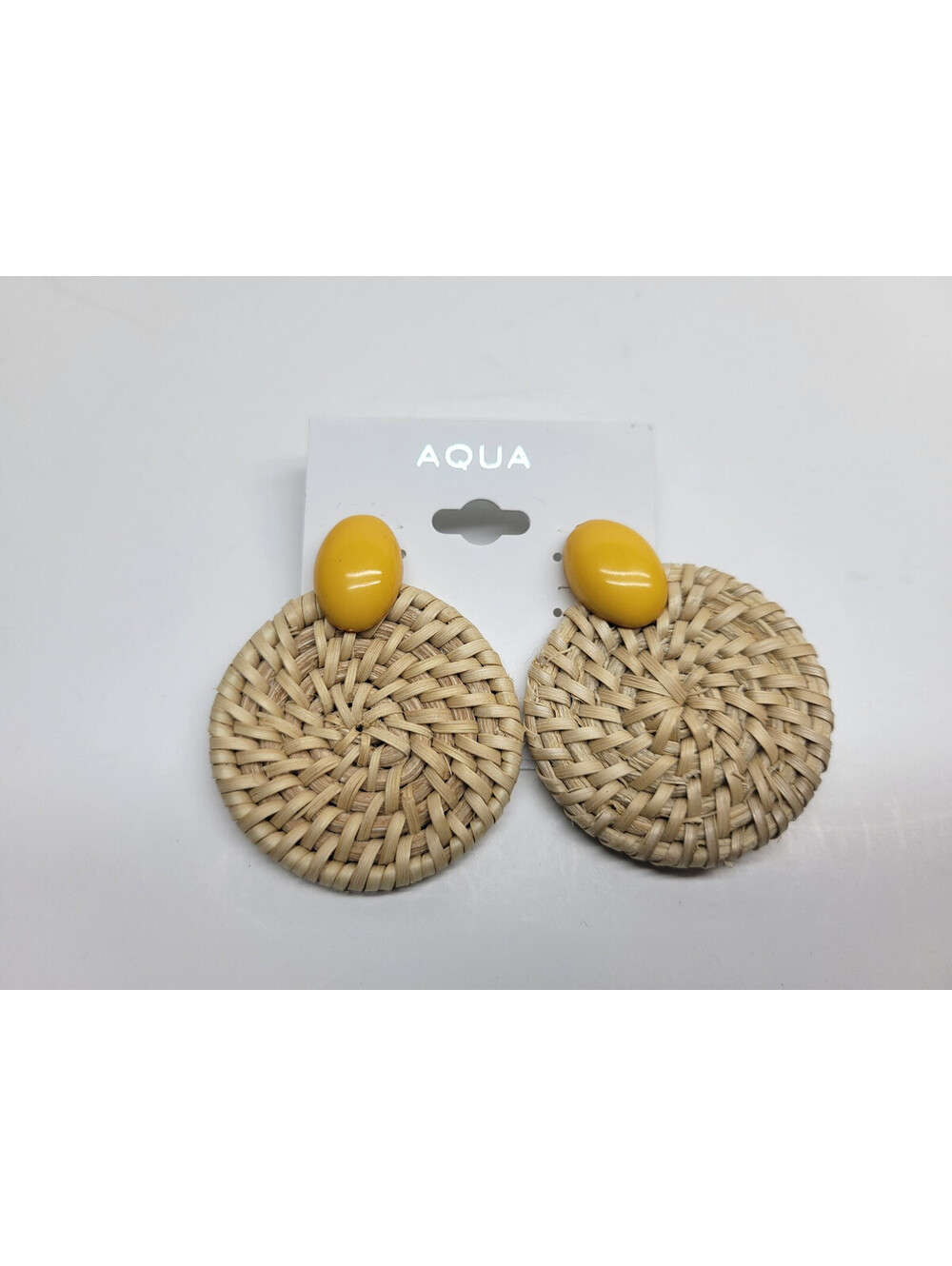 Aqua Bloomingdales Earring Rattan Straw Circle Round Disc Boho With Yellow Stone
